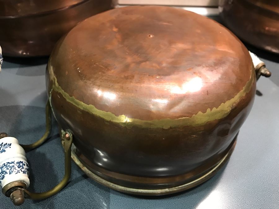 Collection Of (8) Vintage Copper Pots With Blue And White Handles [Photo 10]