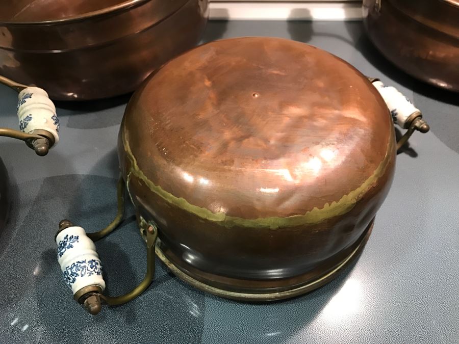 Collection Of (8) Vintage Copper Pots With Blue And White Handles [Photo 11]