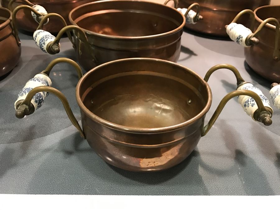 Collection Of (8) Vintage Copper Pots With Blue And White Handles [Photo 17]