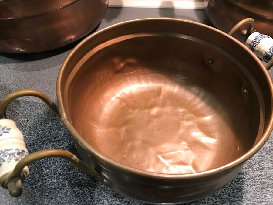 Collection Of (8) Vintage Copper Pots With Blue And White Handles [Photo 4]