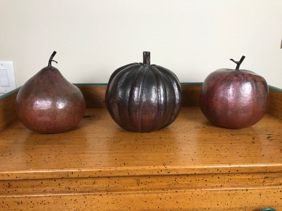 Set Of (3) Large Copper Fruit Sculptures [Photo 1]