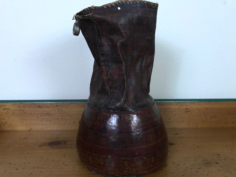 Old Tuareg Hand Painted Leather Wrapped Woven Basket 'Money Bag' - North African Nomadic Tuareg Camel Caravans Played Primary Role Trans-Saharan Trade Until Mid-20th Century [Photo 17]