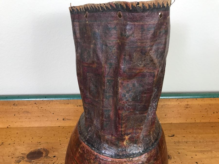 Old Tuareg Hand Painted Leather Wrapped Woven Basket 'Money Bag' - North African Nomadic Tuareg Camel Caravans Played Primary Role Trans-Saharan Trade Until Mid-20th Century [Photo 3]