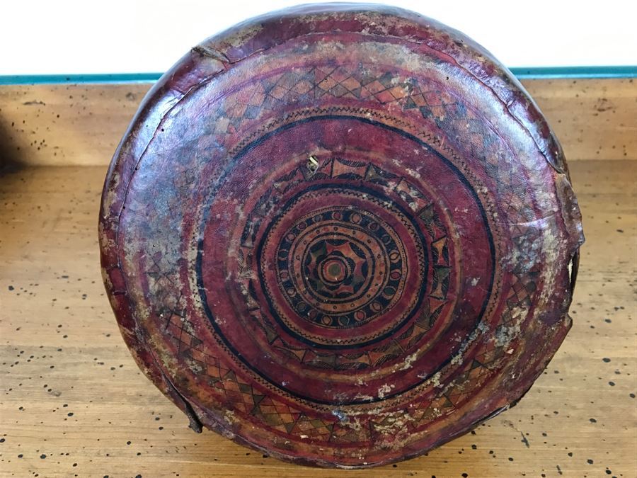 Old Tuareg Hand Painted Leather Wrapped Woven Basket 'Money Bag' - North African Nomadic Tuareg Camel Caravans Played Primary Role Trans-Saharan Trade Until Mid-20th Century [Photo 27]