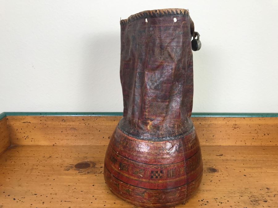Old Tuareg Hand Painted Leather Wrapped Woven Basket 'Money Bag' - North African Nomadic Tuareg Camel Caravans Played Primary Role Trans-Saharan Trade Until Mid-20th Century [Photo 2]