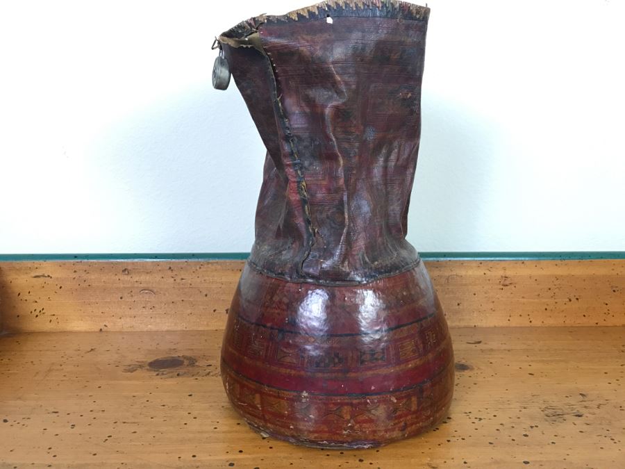 Old Tuareg Hand Painted Leather Wrapped Woven Basket 'Money Bag' - North African Nomadic Tuareg Camel Caravans Played Primary Role Trans-Saharan Trade Until Mid-20th Century [Photo 18]