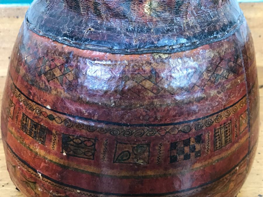 Old Tuareg Hand Painted Leather Wrapped Woven Basket 'Money Bag' - North African Nomadic Tuareg Camel Caravans Played Primary Role Trans-Saharan Trade Until Mid-20th Century [Photo 13]