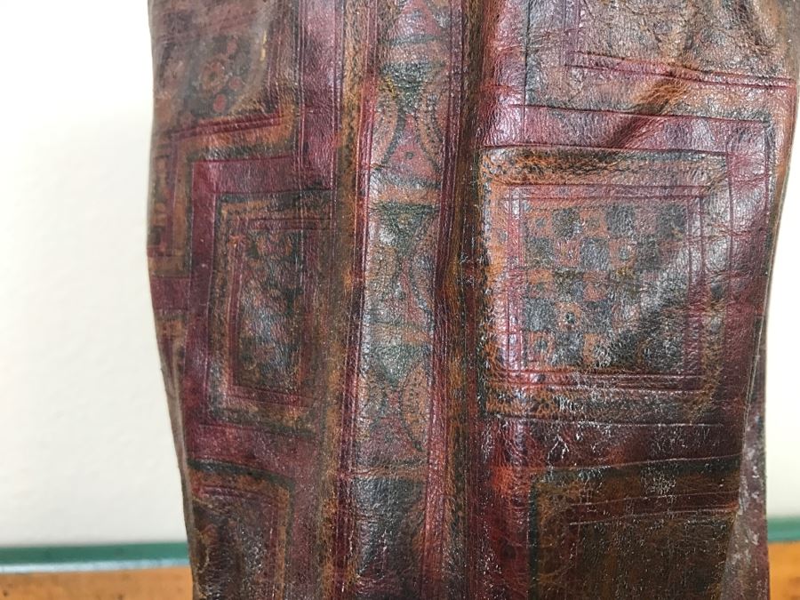 Old Tuareg Hand Painted Leather Wrapped Woven Basket 'Money Bag' - North African Nomadic Tuareg Camel Caravans Played Primary Role Trans-Saharan Trade Until Mid-20th Century [Photo 4]