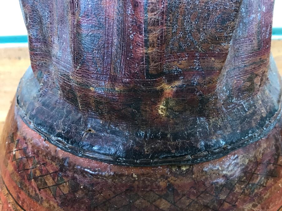 Old Tuareg Hand Painted Leather Wrapped Woven Basket 'Money Bag' - North African Nomadic Tuareg Camel Caravans Played Primary Role Trans-Saharan Trade Until Mid-20th Century [Photo 14]