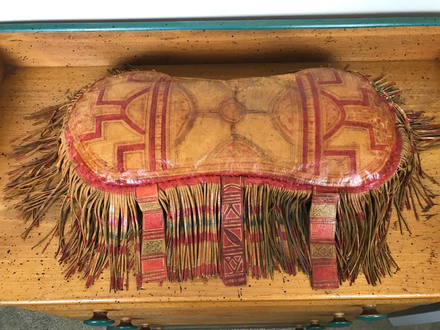Old Tuareg Hand Painted Leather Fringe Saddle Pillow - North African Nomadic Tuareg Camel Caravans Played Primary Role Trans-Saharan Trade Until Mid-20th Century [Photo 2]
