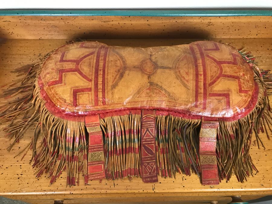 Old Tuareg Hand Painted Leather Fringe Saddle Pillow - North African Nomadic Tuareg Camel Caravans Played Primary Role Trans-Saharan Trade Until Mid-20th Century