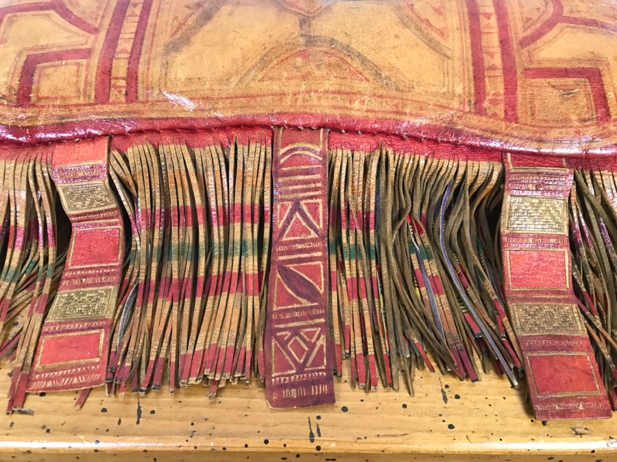 Old Tuareg Hand Painted Leather Fringe Saddle Pillow - North African Nomadic Tuareg Camel Caravans Played Primary Role Trans-Saharan Trade Until Mid-20th Century [Photo 4]