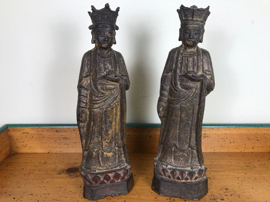 Antique Chinese Gilt Metal Funerary Statues 1'5'H
