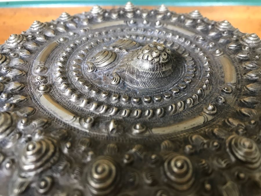 Ornate Asian Repousse Silver Tone Round Box [Photo 4]