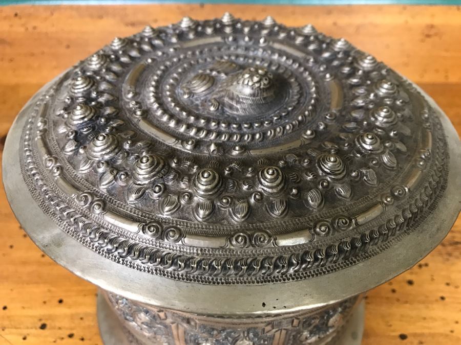Ornate Asian Repousse Silver Tone Round Box [Photo 3]
