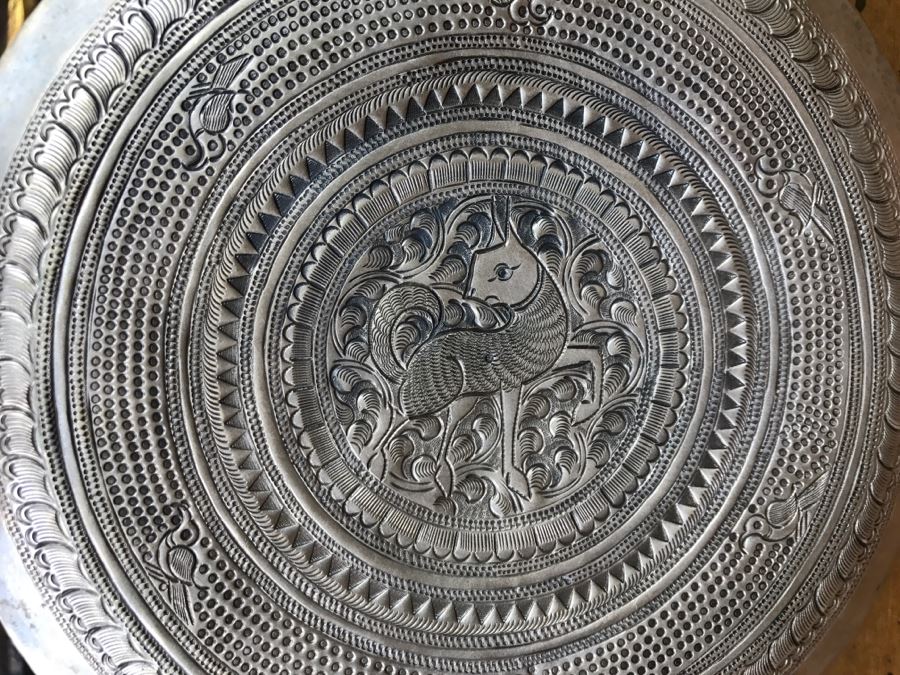 Ornate Asian Repousse Silver Tone Round Box [Photo 17]