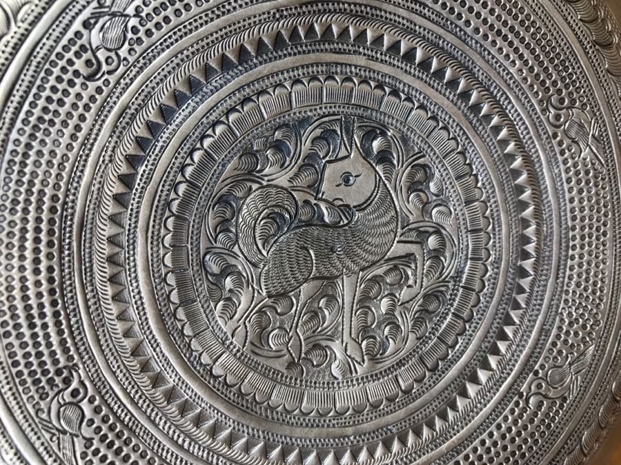 Ornate Asian Repousse Silver Tone Round Box [Photo 18]