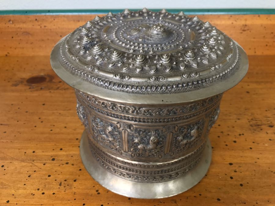 Ornate Asian Repousse Silver Tone Round Box [Photo 2]