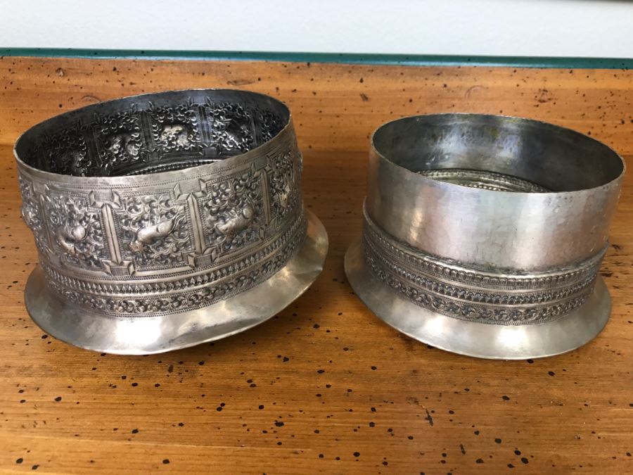 Ornate Asian Repousse Silver Tone Round Box [Photo 19]