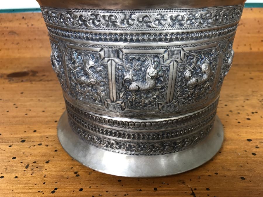 Ornate Asian Repousse Silver Tone Round Box [Photo 5]