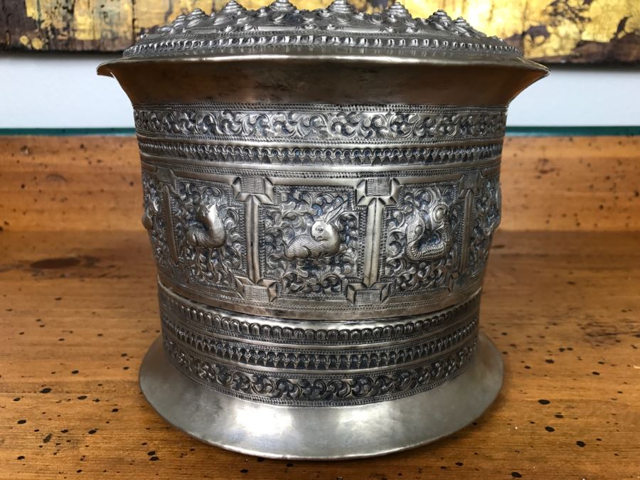 Ornate Asian Repousse Silver Tone Round Box [Photo 1]