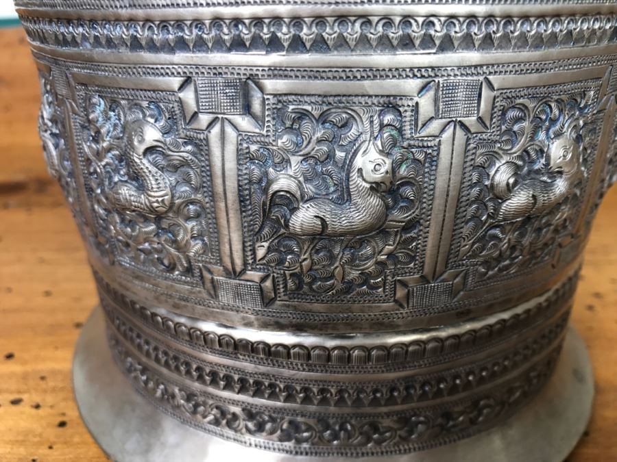 Ornate Asian Repousse Silver Tone Round Box [Photo 6]