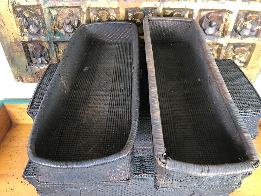Set Of (3) Wooven Baskets Boxes From Africa [Photo 7]