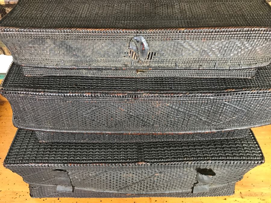 Set Of (3) Wooven Baskets Boxes From Africa [Photo 4]