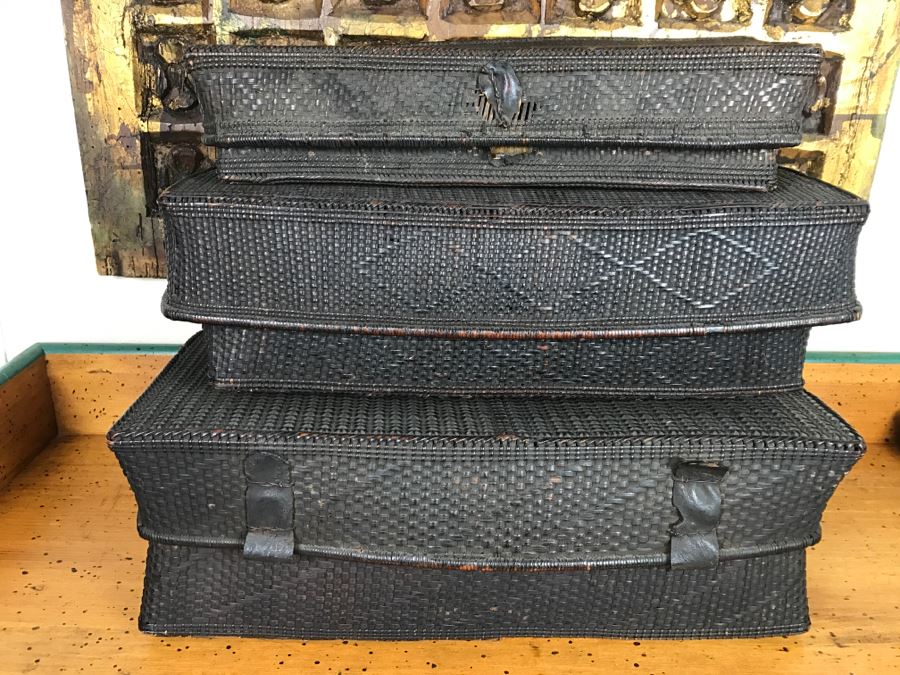 Set Of (3) Wooven Baskets Boxes From Africa [Photo 1]