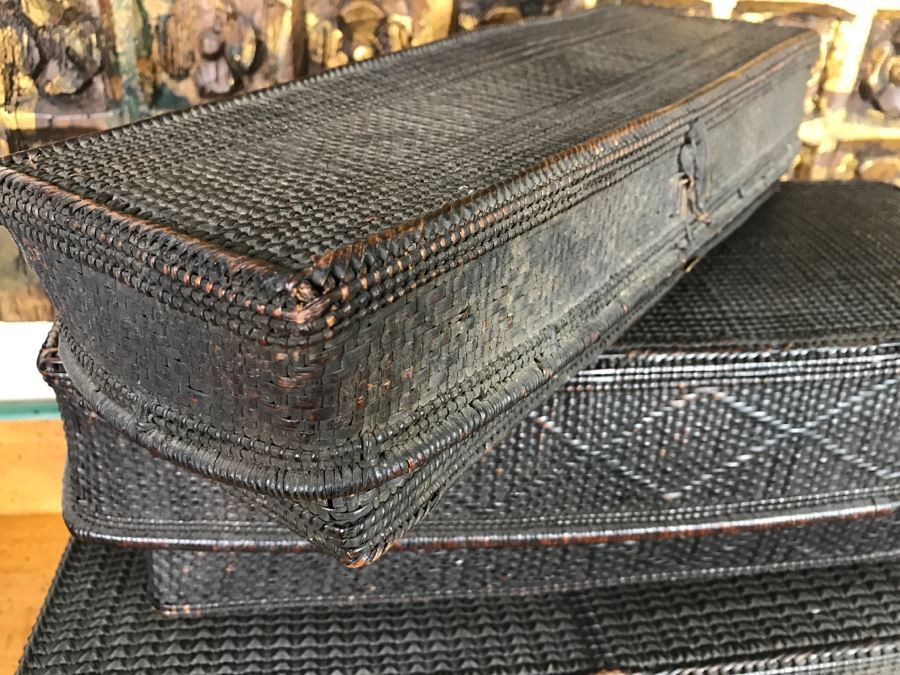 Set Of (3) Wooven Baskets Boxes From Africa [Photo 6]