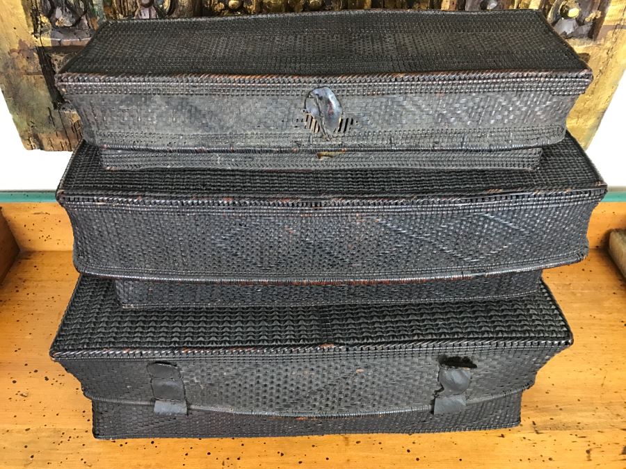 Set Of (3) Wooven Baskets Boxes From Africa [Photo 3]