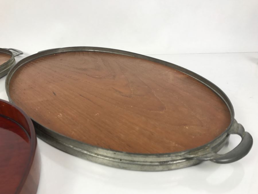 Pair Of Mid-Century Wood And Metal Trays Made In Holland With Round Asian Lacquer Tray [Photo 6]