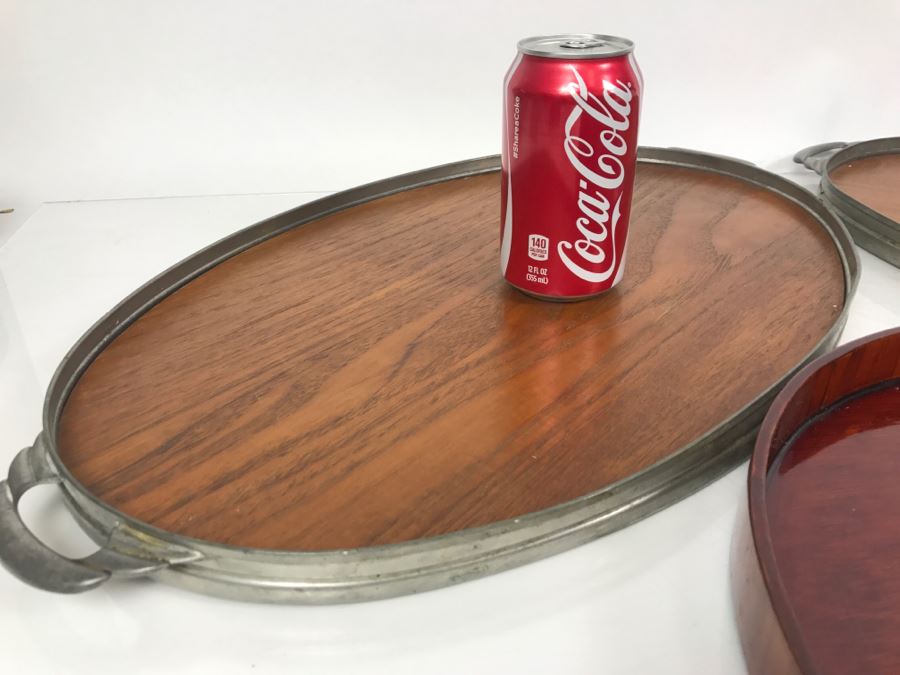 Pair Of Mid-Century Wood And Metal Trays Made In Holland With Round Asian Lacquer Tray [Photo 7]