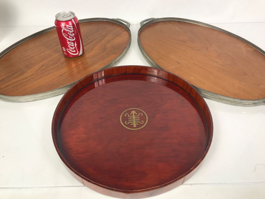 Pair Of Mid-Century Wood And Metal Trays Made In Holland With Round Asian Lacquer Tray [Photo 2]