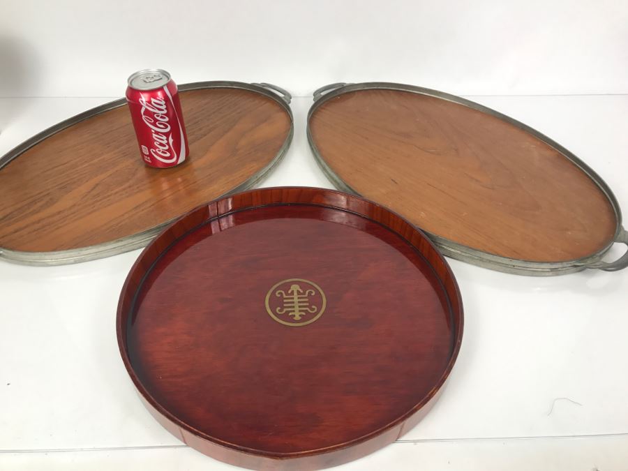 Pair Of Mid-Century Wood And Metal Trays Made In Holland With Round Asian Lacquer Tray [Photo 1]
