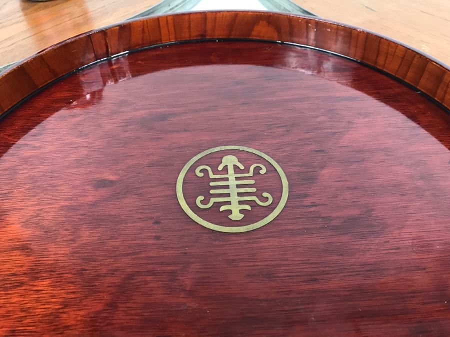 Pair Of Mid-Century Wood And Metal Trays Made In Holland With Round Asian Lacquer Tray [Photo 4]