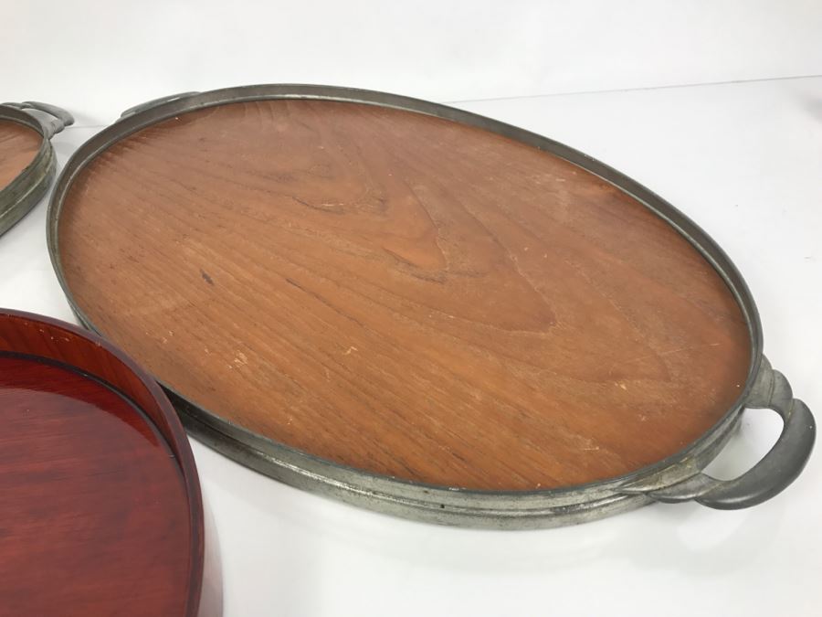 Pair Of Mid-Century Wood And Metal Trays Made In Holland With Round Asian Lacquer Tray [Photo 5]