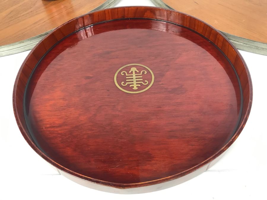 Pair Of Mid-Century Wood And Metal Trays Made In Holland With Round Asian Lacquer Tray [Photo 3]