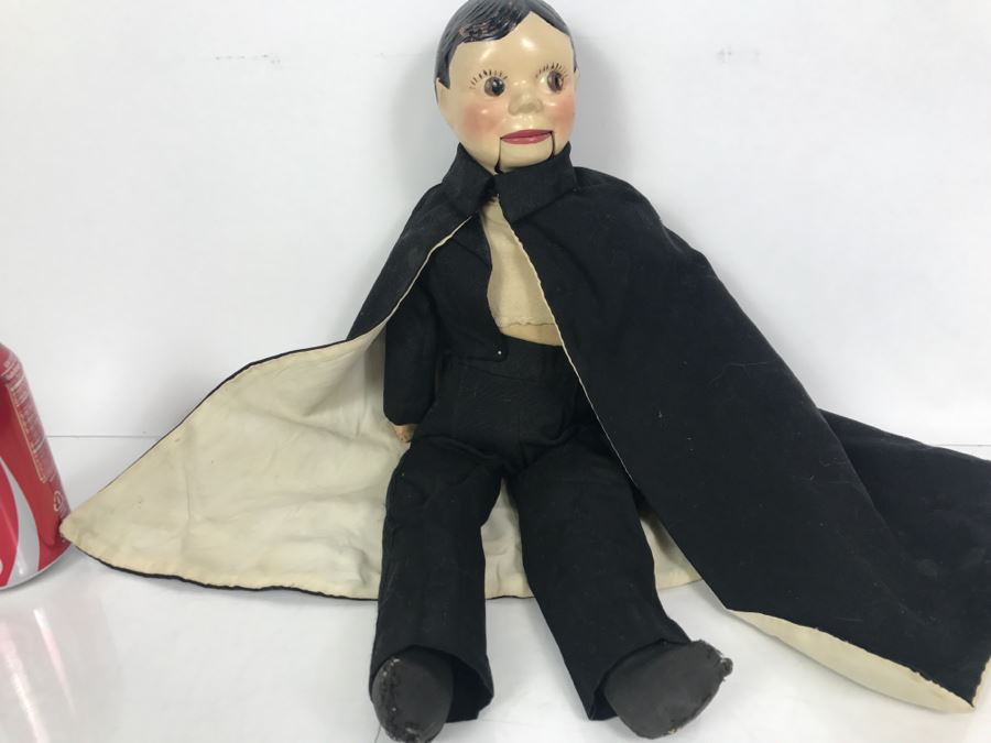 Vintage Puppet Doll With String In Back To Operate Mouth Composition Head And Cloth Body