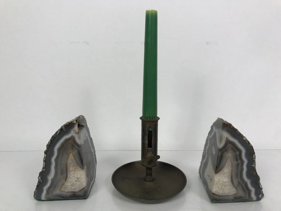 Vintage Brass Candleholder Made In Sweden And Polished Natural Geode Bookends [Photo 2]
