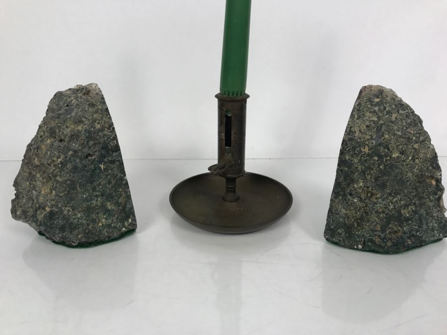 Vintage Brass Candleholder Made In Sweden And Polished Natural Geode Bookends [Photo 8]