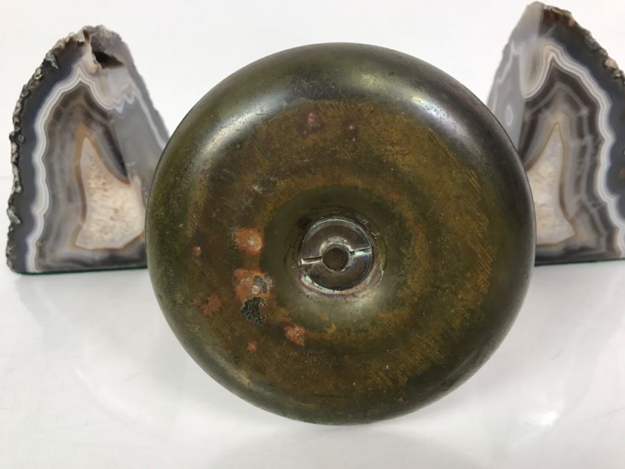 Vintage Brass Candleholder Made In Sweden And Polished Natural Geode Bookends [Photo 6]