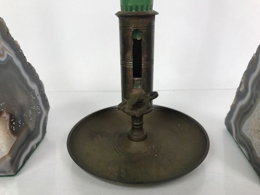 Vintage Brass Candleholder Made In Sweden And Polished Natural Geode Bookends [Photo 3]