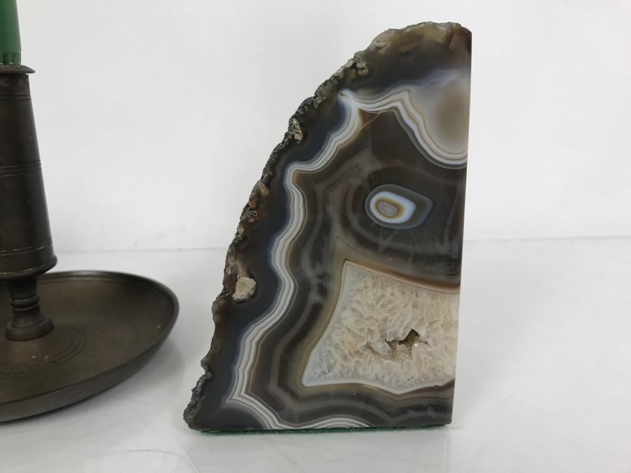 Vintage Brass Candleholder Made In Sweden And Polished Natural Geode Bookends [Photo 10]
