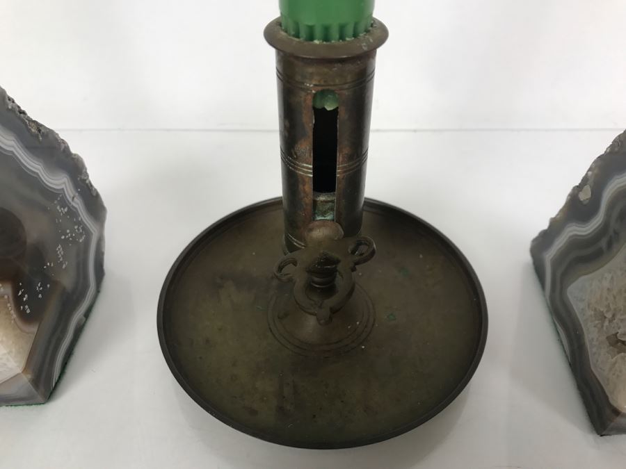 Vintage Brass Candleholder Made In Sweden And Polished Natural Geode Bookends [Photo 4]