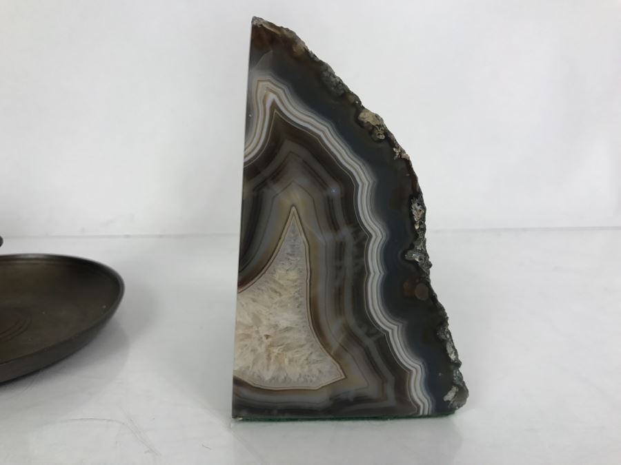 Vintage Brass Candleholder Made In Sweden And Polished Natural Geode Bookends [Photo 11]