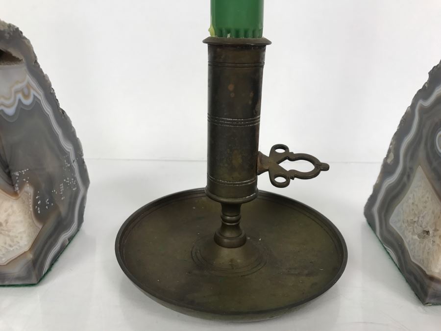 Vintage Brass Candleholder Made In Sweden And Polished Natural Geode Bookends [Photo 5]