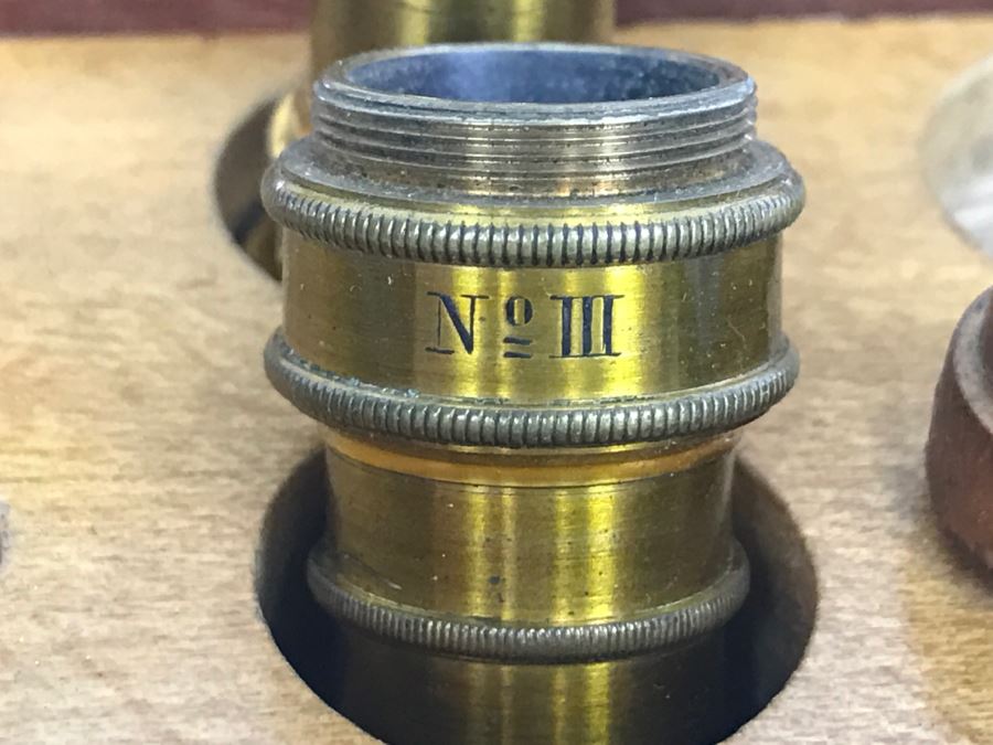 Wooden Box With Antique Brass SEIBERT Objective Lenses No III And No. V For Microscope And Other Items [Photo 4]