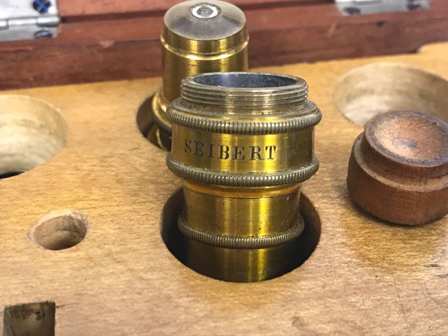 Wooden Box With Antique Brass SEIBERT Objective Lenses No III And No. V For Microscope And Other Items [Photo 3]