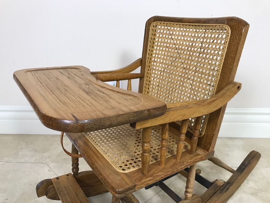 Antique Child's Cane Rocking Chair With Food Tray